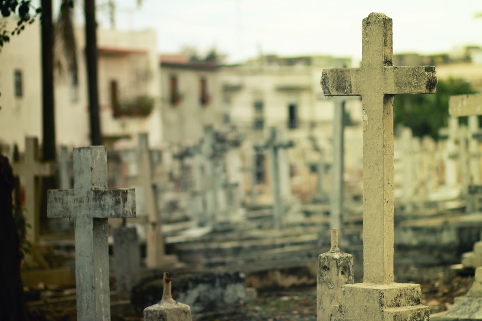 Cemitério com túmulos e cruz 
