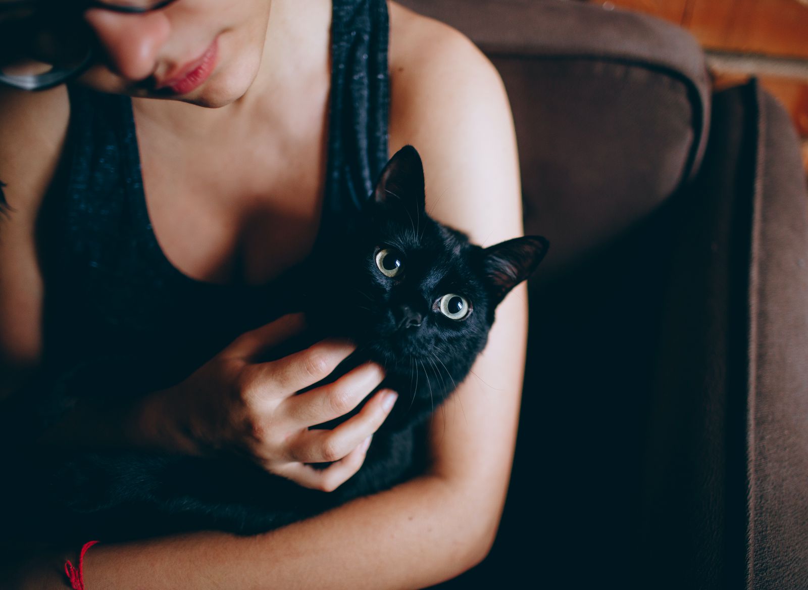 Mulher segurando um gato preto no colo