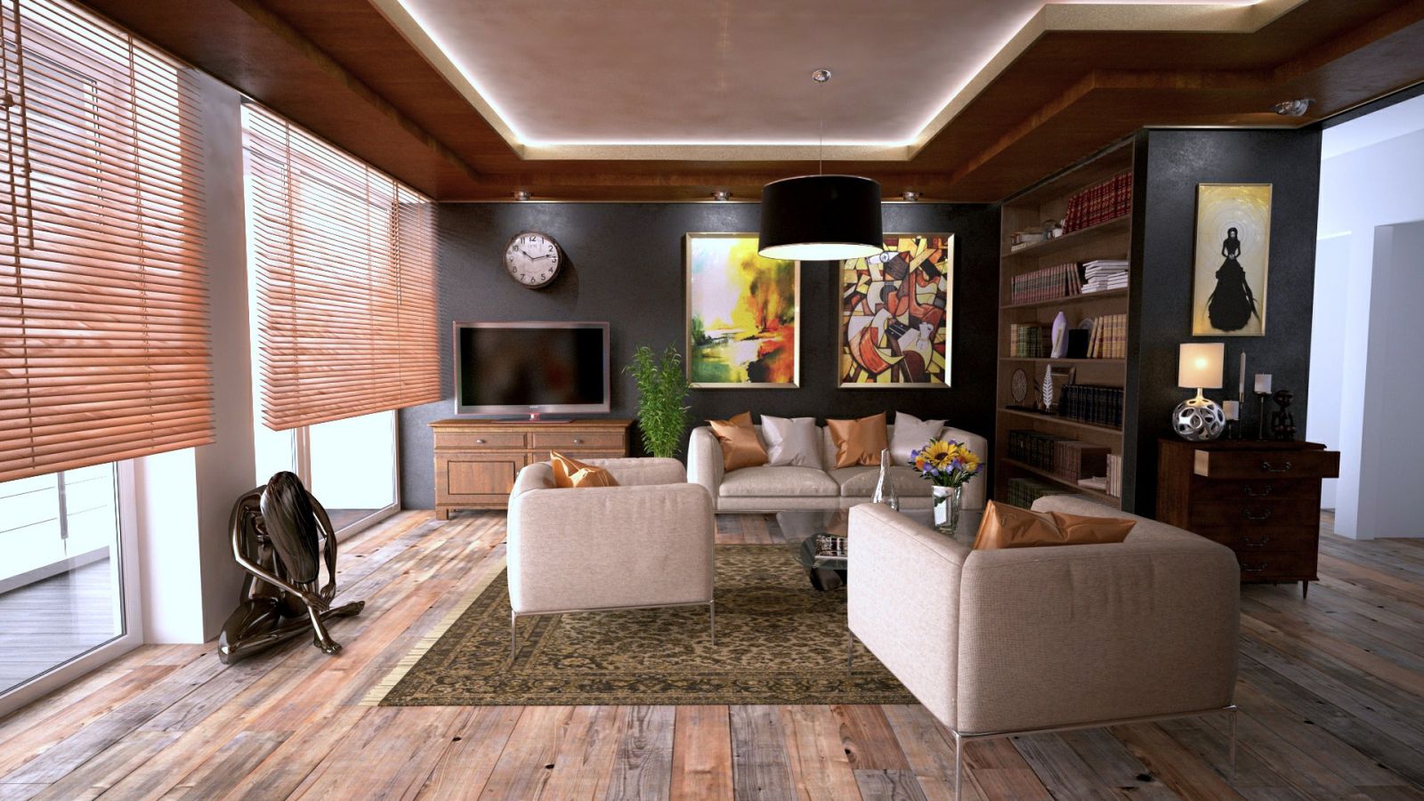 Sala com sofás, quadros e estante