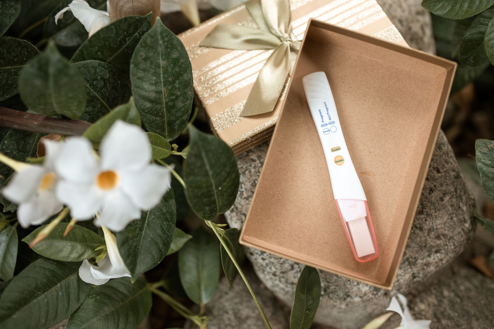 Teste de gravidez em uma caixinha ao lado de flores