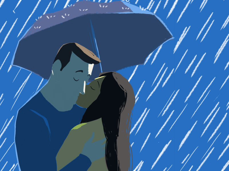 Ilustração de duas pessoas se beijando na chuva.