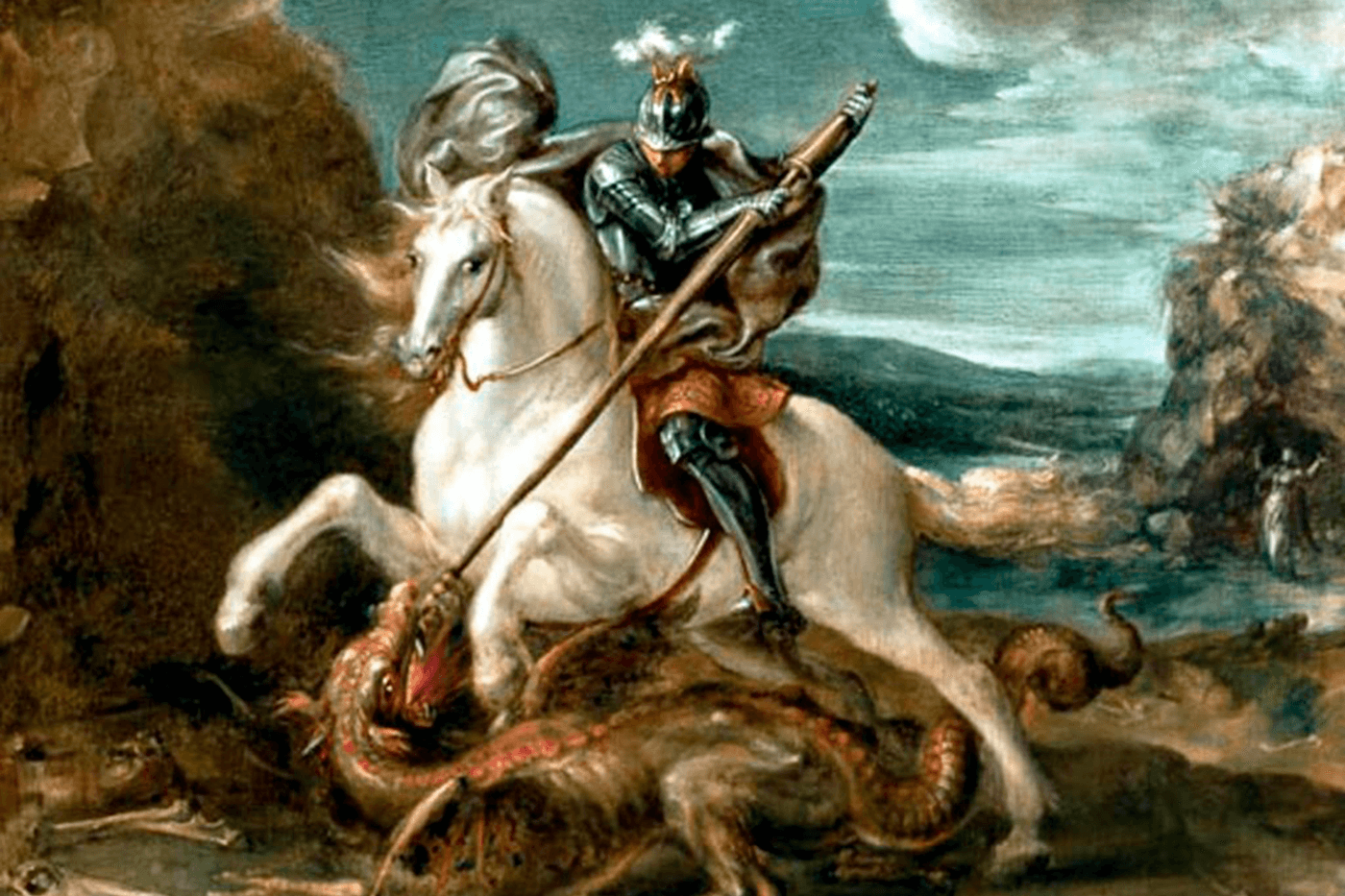 Pintura de São Jorge em seu cavalo, lutando contra um dragão