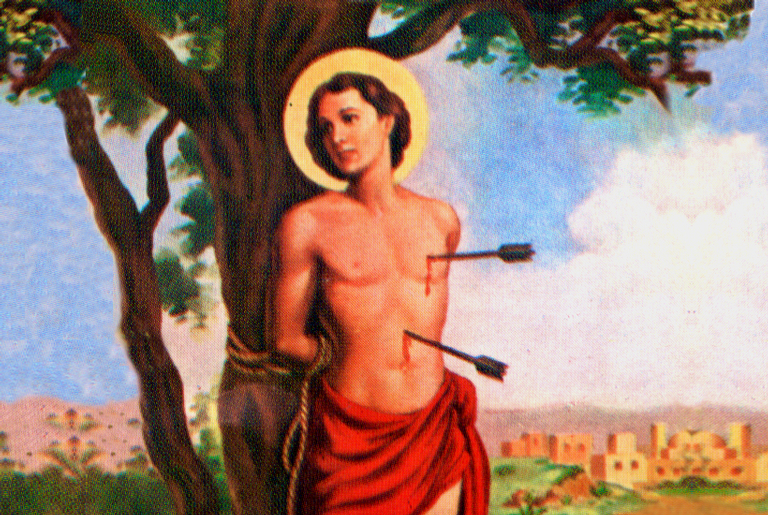 Ilustração de São Sebastião levando flechas em seu peito, amarrado a uma árvore
