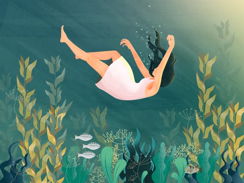 Ilustração de uma mulher afundando no mar.