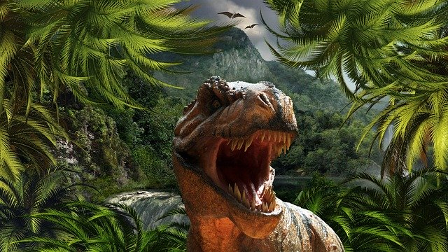 Ilustração de um Tiranossauro rex na floresta