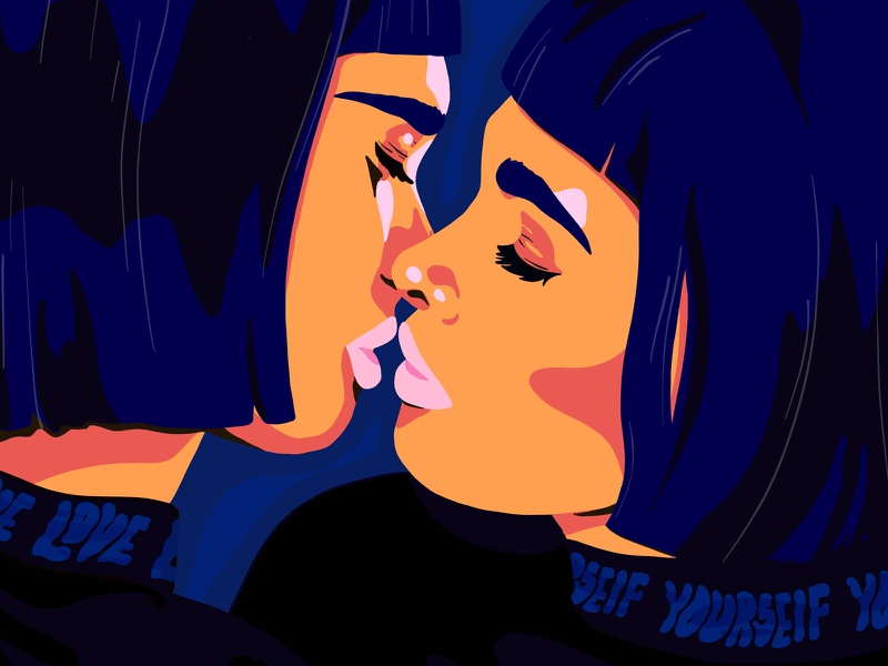 Ilustração de duas mulheres se beijando.
