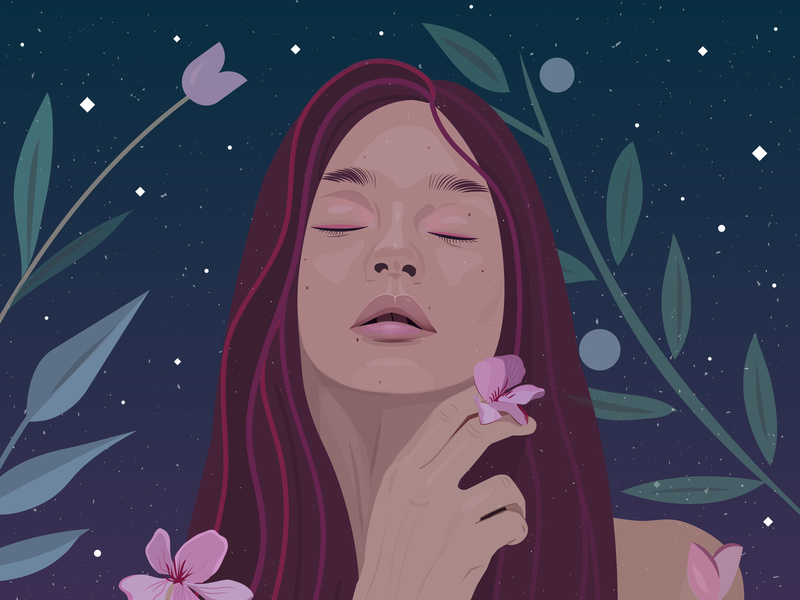 Ilustração de mulher de olhos fechados cercada por estrelas e flores.
