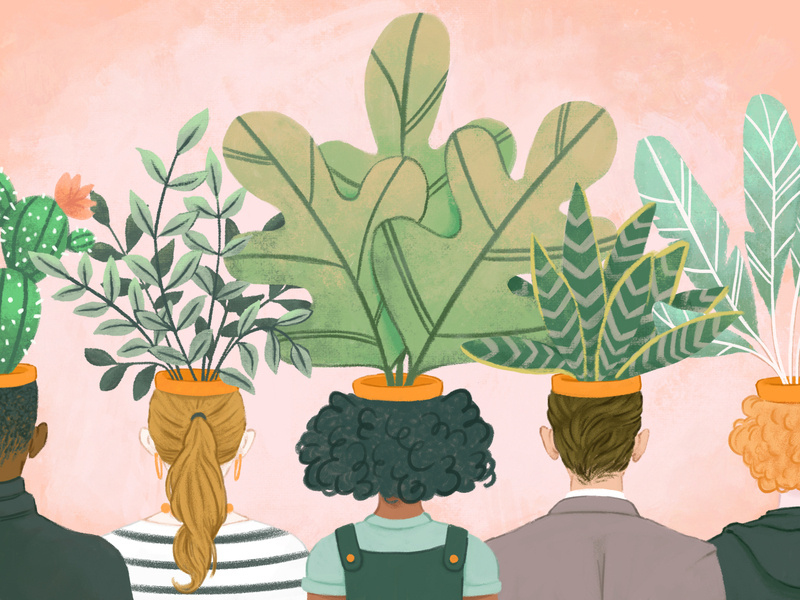 Ilustração de várias pessoas de costas, com vasos de plantas saindo de suas cabeças.